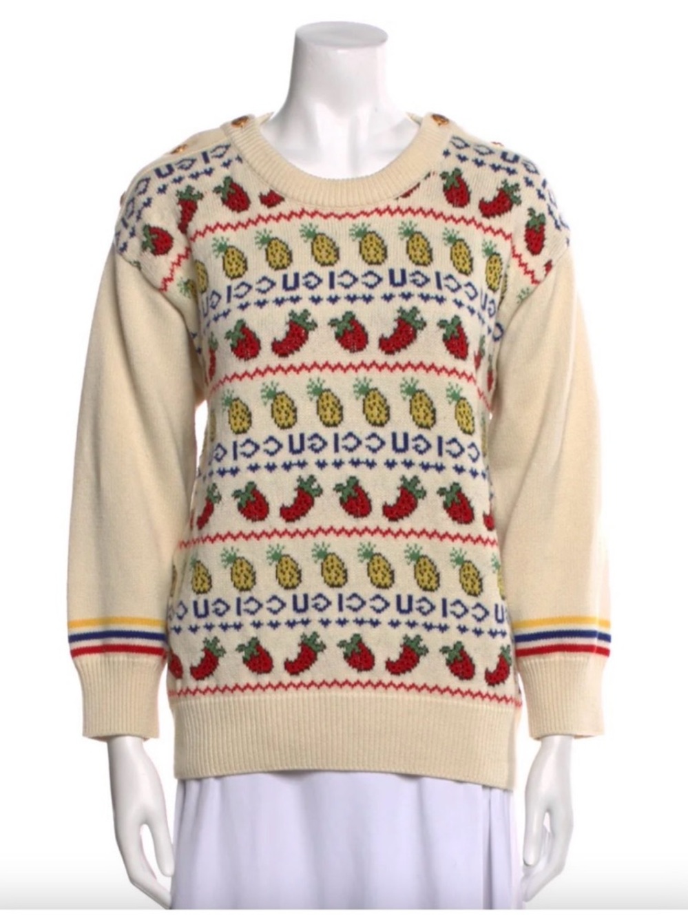 Gucci Cream Crewneck Sweater with Red, Yellow and Blue Fruit Motif